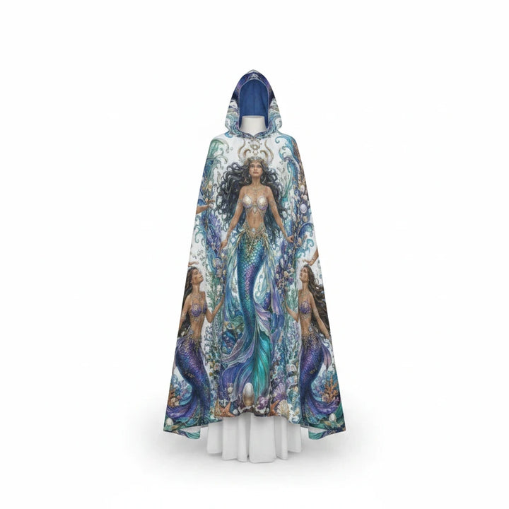 Sea Dragon Dreams unisex hooded cloak featuring vibrant mermaid and ocean artwork on smooth scuba fabric