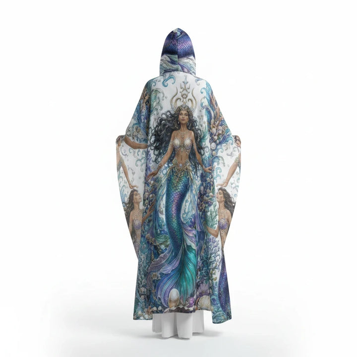Sea Dragon Dreams unisex hooded cloak featuring a vibrant mermaid and ocean artwork on smooth scuba fabric