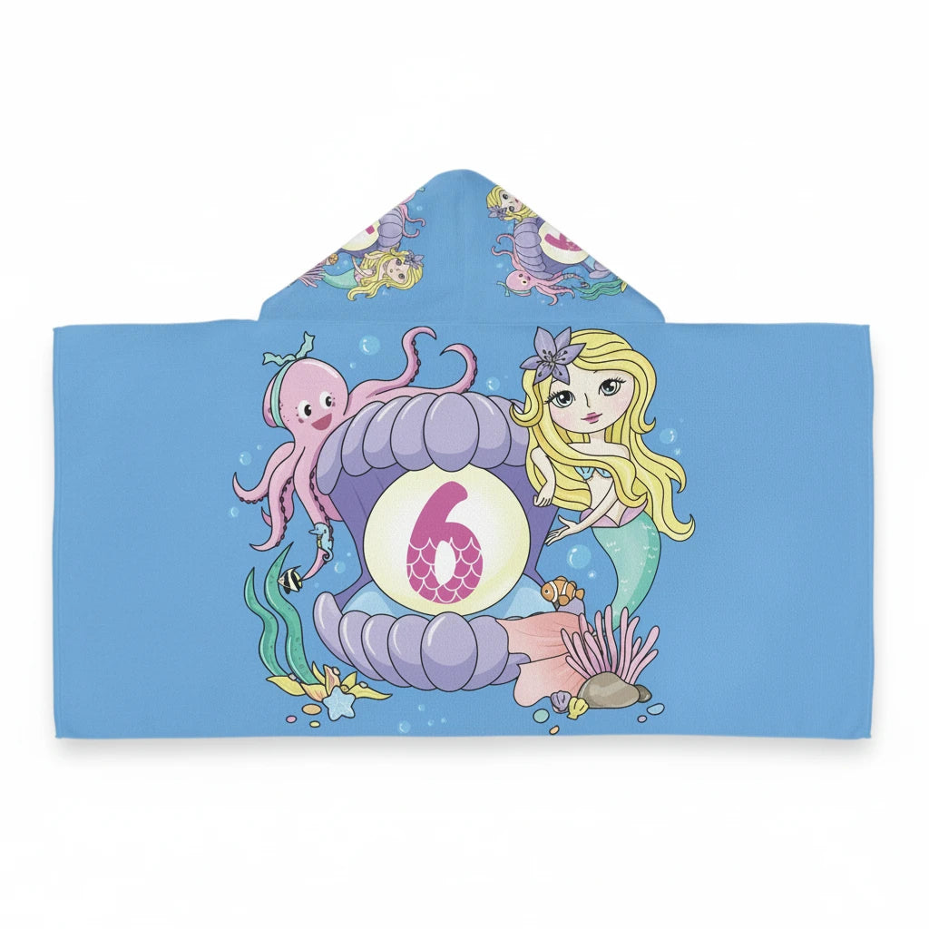 Sea Dragon Dreams kids hooded towel with a blue mermaid, octopus, and number 6 birthday print on cotton terry fabric.