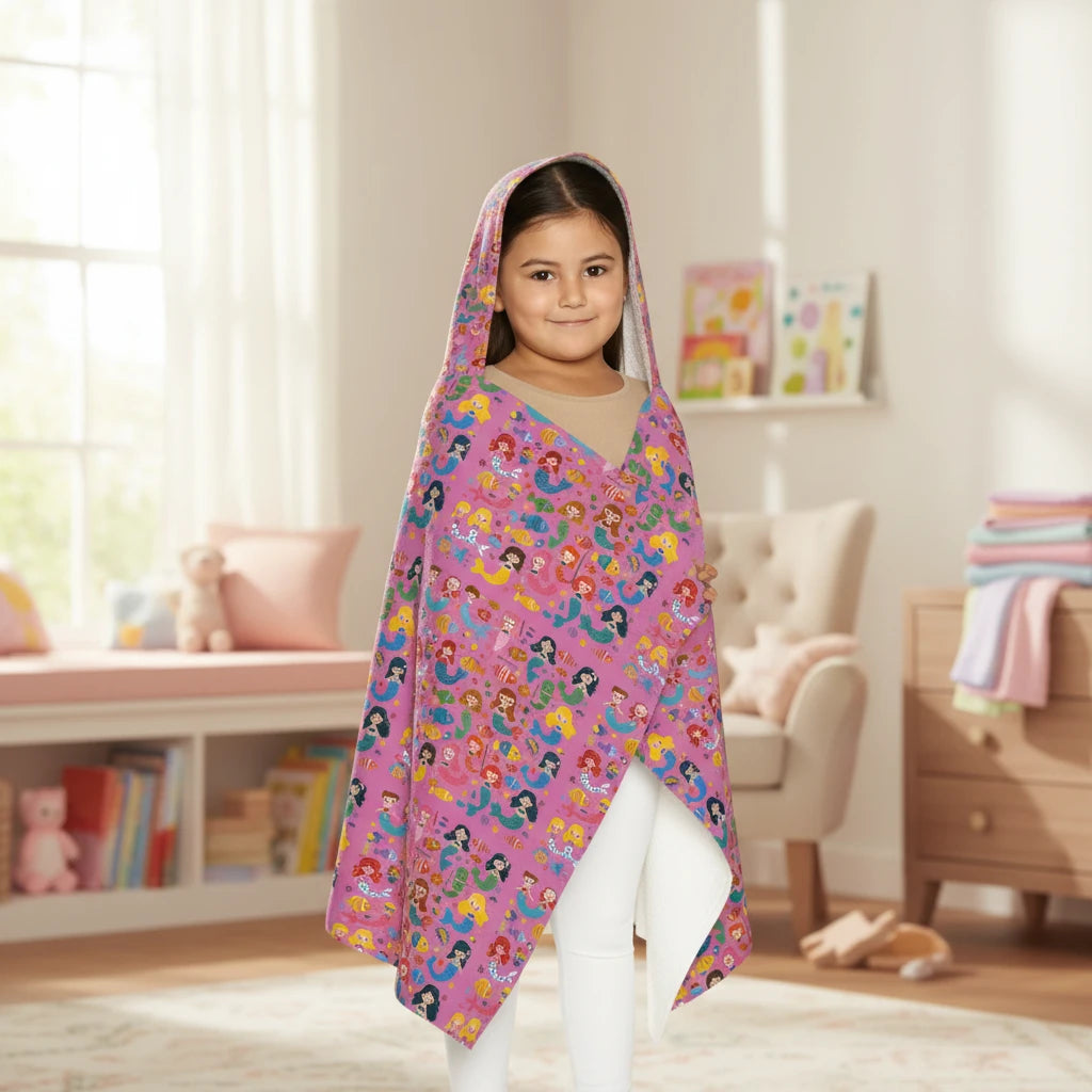 A young girl wearing a Sea Dragon Dreams hooded towel with a vibrant pink mermaid and sea life print in a nursery.