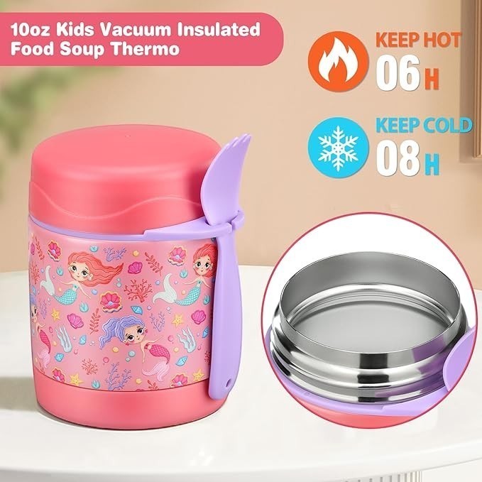 Sea Dragon Dreams pink mermaid insulated food jar with stainless steel interior, spoon, and 6-hour heat retention.