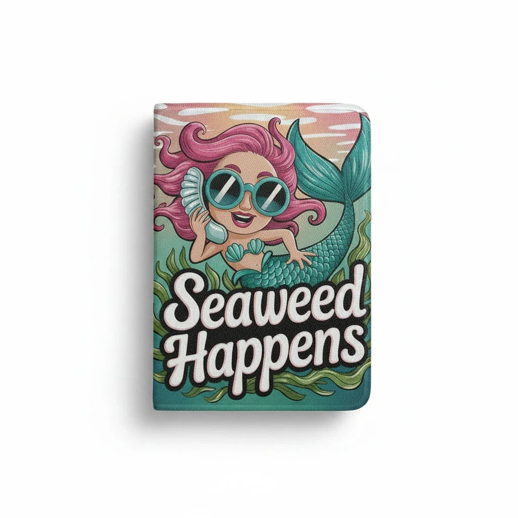 Sea Dragon Dreams Kindle case featuring a cartoon mermaid with pink hair and sunglasses, captioned Seaweed Happens.