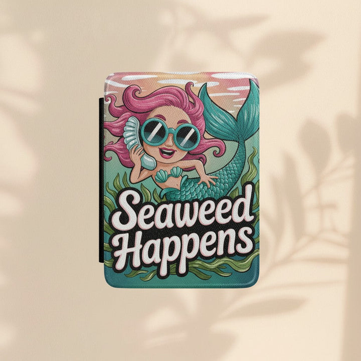 Sea Dragon Dreams Seaweed Happens Kindle case featuring a cartoon mermaid with sunglasses and a seashell phone