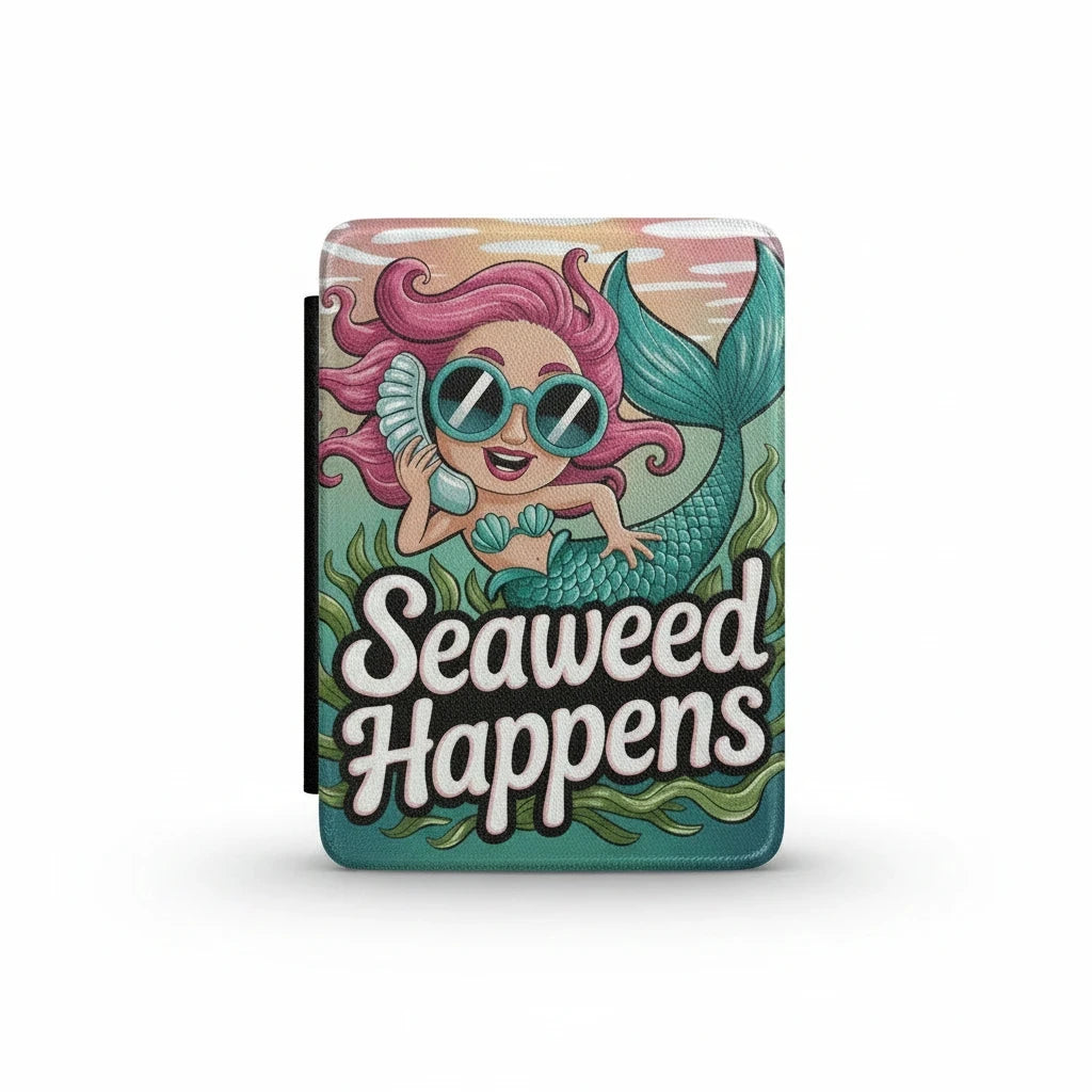 Sea Dragon Dreams Kindle case featuring a cartoon mermaid with pink hair and sunglasses, captioned Seaweed Happens.