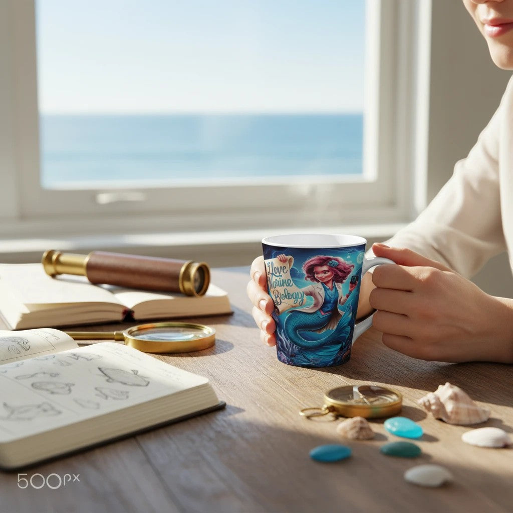 Sea Dragon Dreams white ceramic latte mug with mermaid illustration held by a person at a desk by the ocean