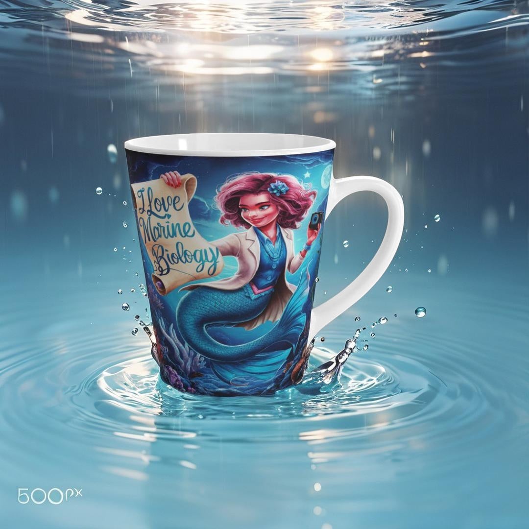 Sea Dragon Dreams 12oz white ceramic latte mug featuring a mermaid illustration and Love Marine Biology text