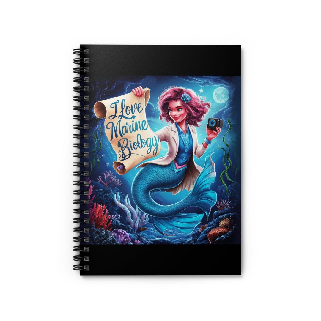 Sea Dragon Dreams spiral notebook featuring a mermaid marine biologist holding an I Love Marine Biology scroll