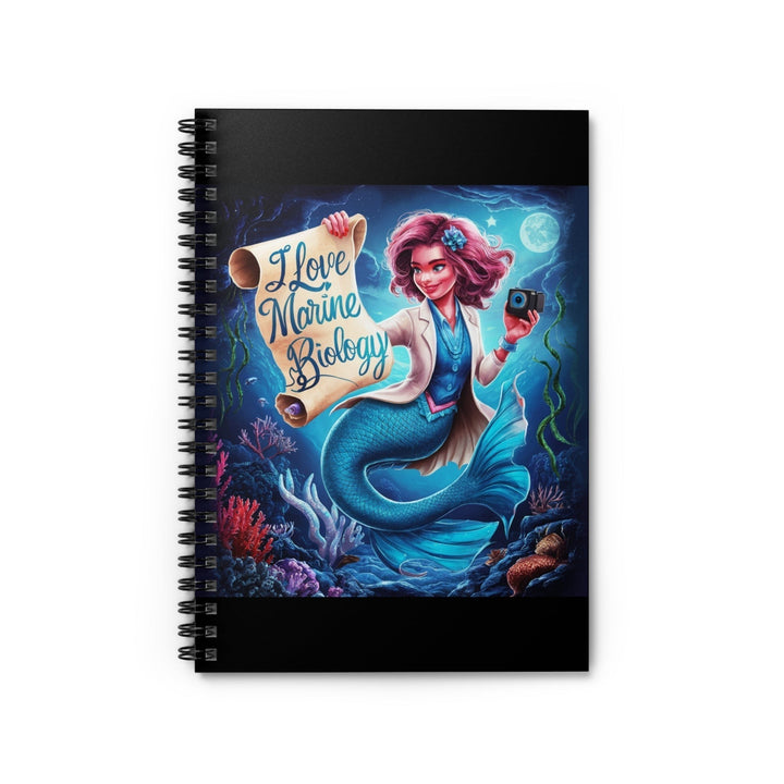 Sea Dragon Dreams spiral notebook featuring a mermaid marine biologist holding an I Love Marine Biology scroll