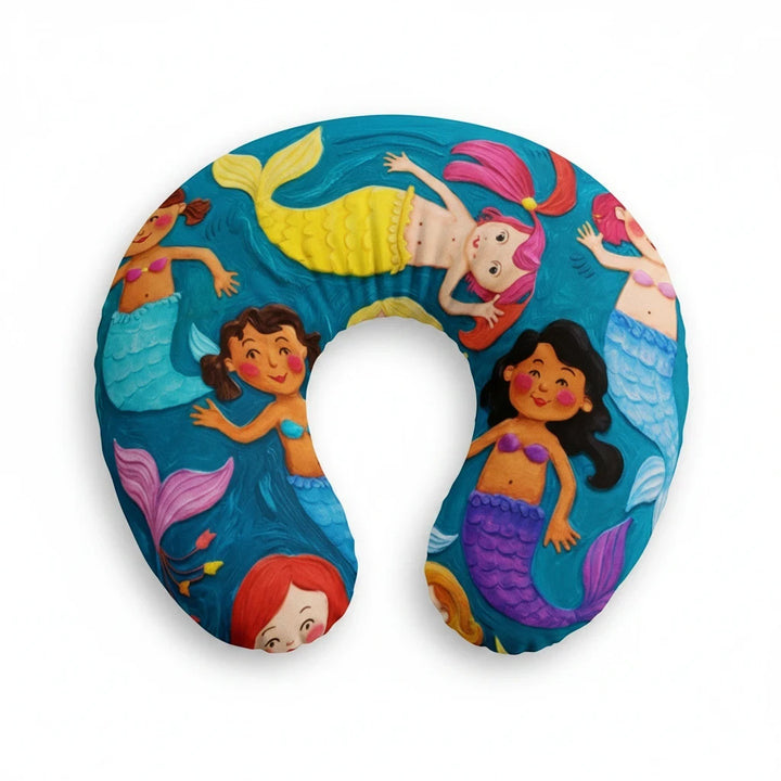 Sea Dragon Dreams nursing pillow cover featuring a colorful mermaid pattern on a vibrant blue background.