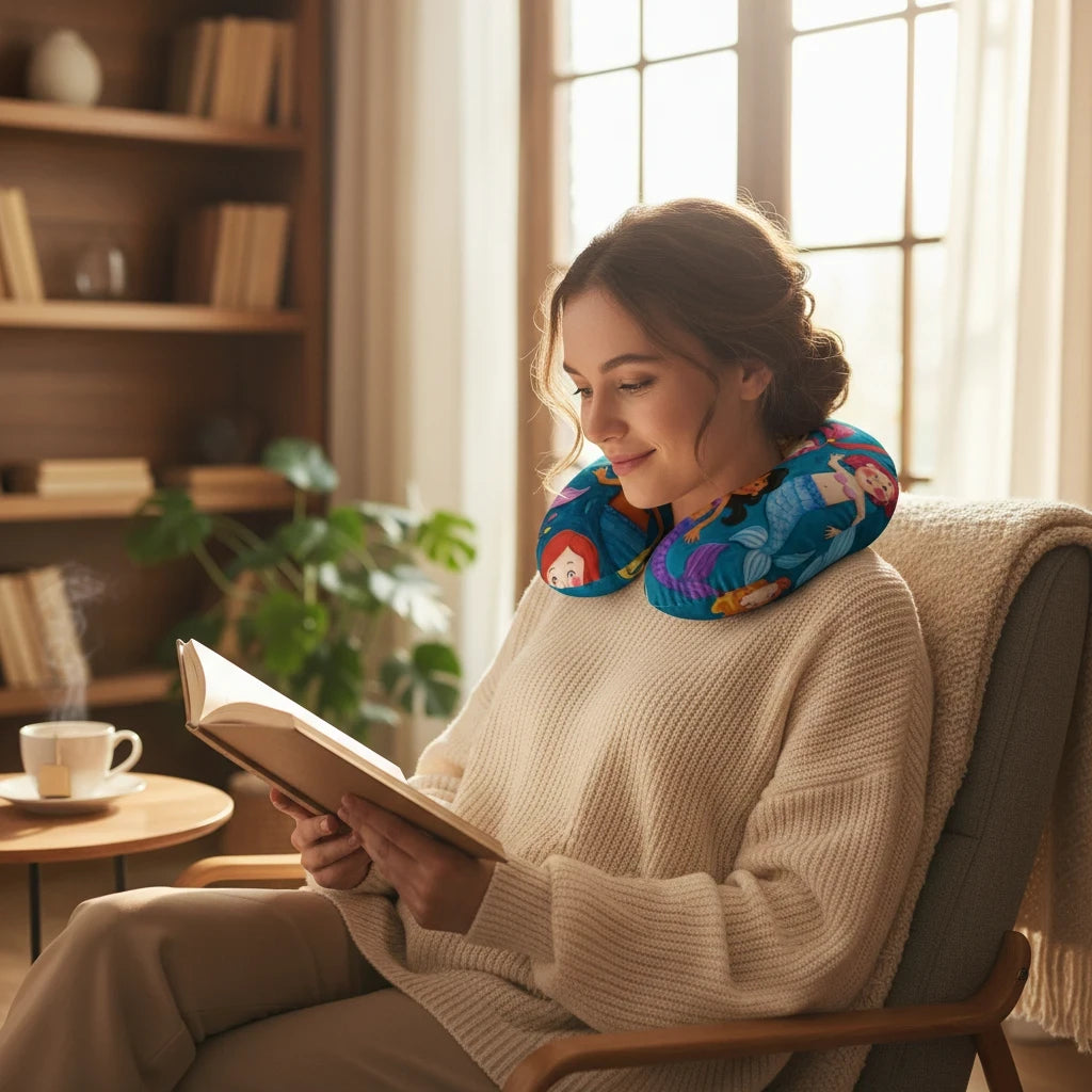 Sea Dragon Dreams nursing pillow cover featuring a colorful mermaid pattern, worn by a woman reading in a cozy chair.
