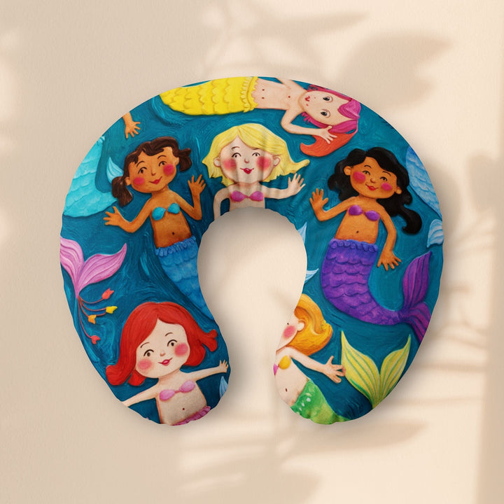 Sea Dragon Dreams nursing pillow cover featuring a vibrant, colorful mermaid pattern on a deep blue ocean background.