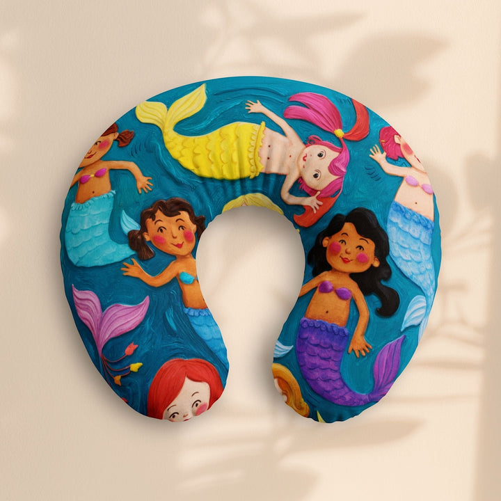 Sea Dragon Dreams nursing pillow cover featuring a vibrant blue background with colorful illustrated mermaids.