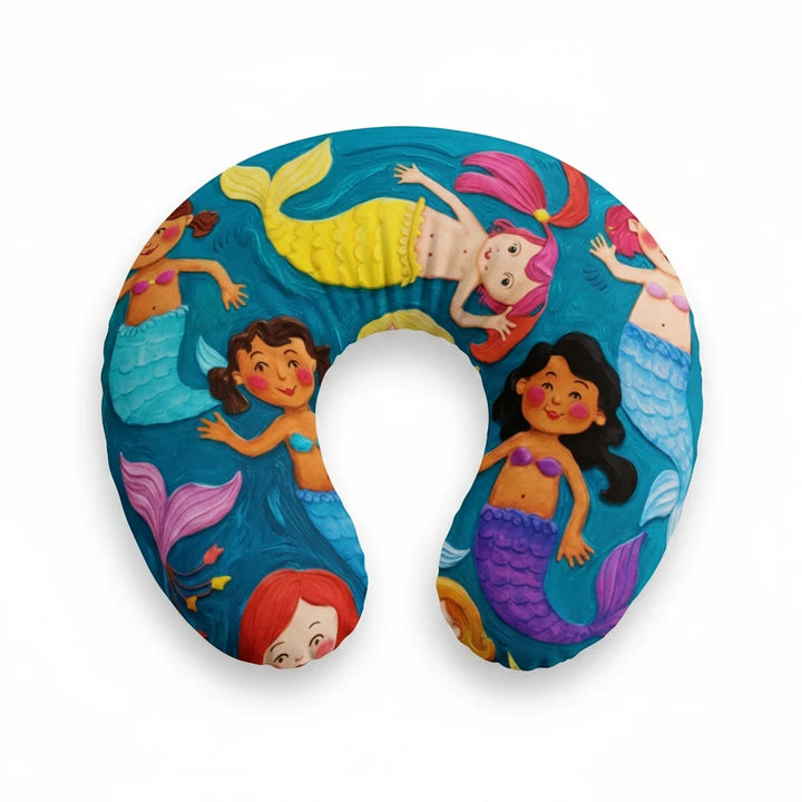 Sea Dragon Dreams nursing pillow cover featuring a colorful mermaid pattern on a vibrant blue ocean background.