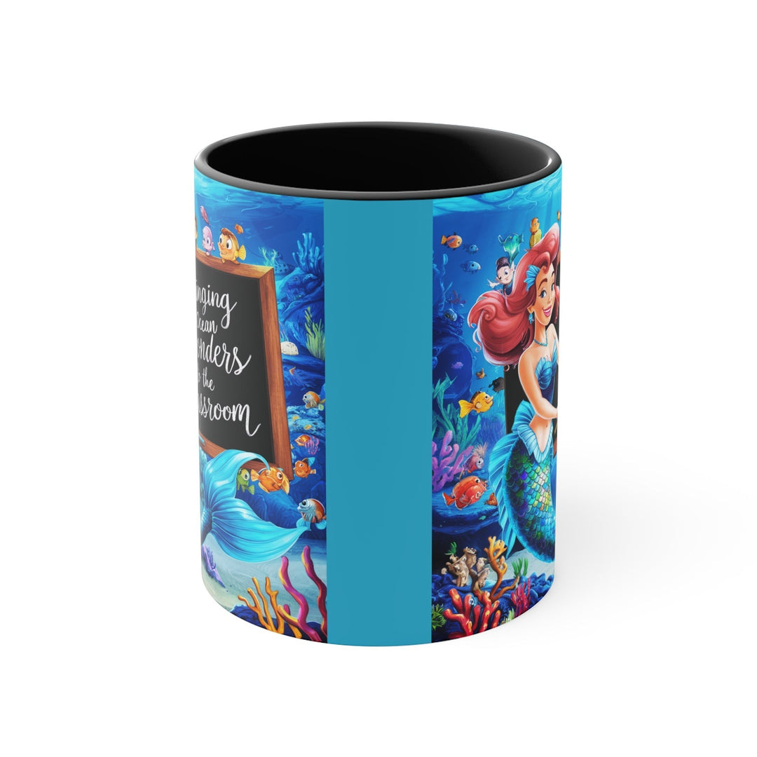 Sea Dragon Dreams ceramic accent mug featuring a vibrant mermaid and ocean classroom design with a black interior.