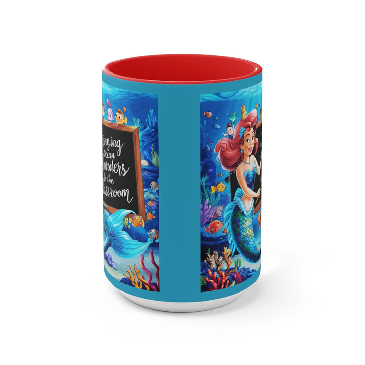 Sea Dragon Dreams ceramic accent mug featuring a mermaid and ocean classroom design with a vibrant red interior.