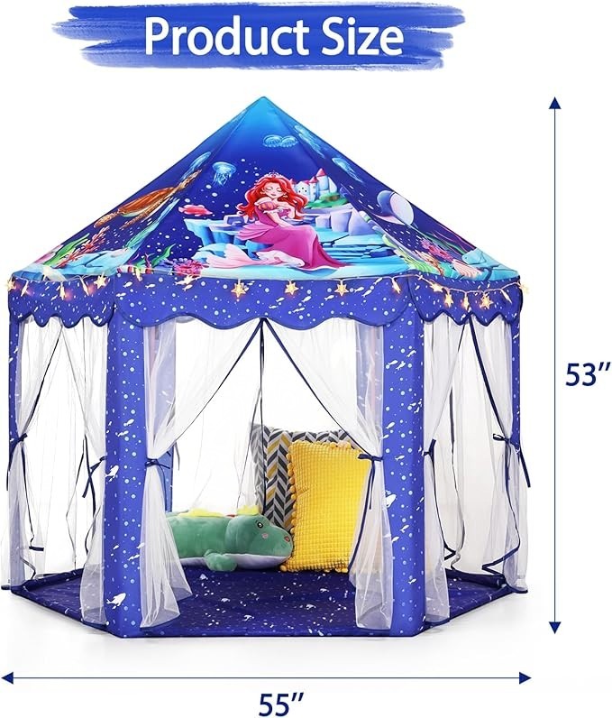 Sea Dragon Dreams blue mermaid princess castle play tent with star lights, featuring a spacious hexagonal design.
