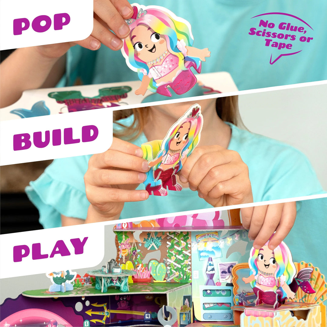 Sea Dragon Dreams buildable mermaid playset showing a child popping out, building, and playing with figures