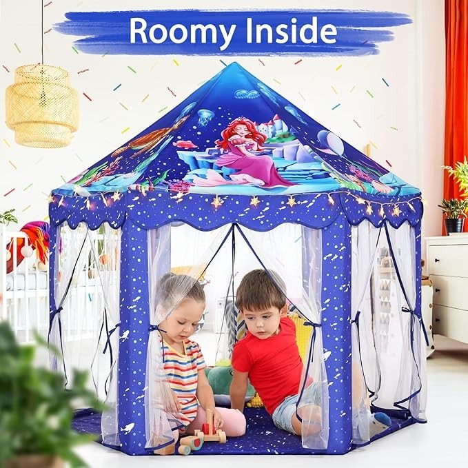 Sea Dragon Dreams blue mermaid princess castle play tent with star lights and two children playing inside