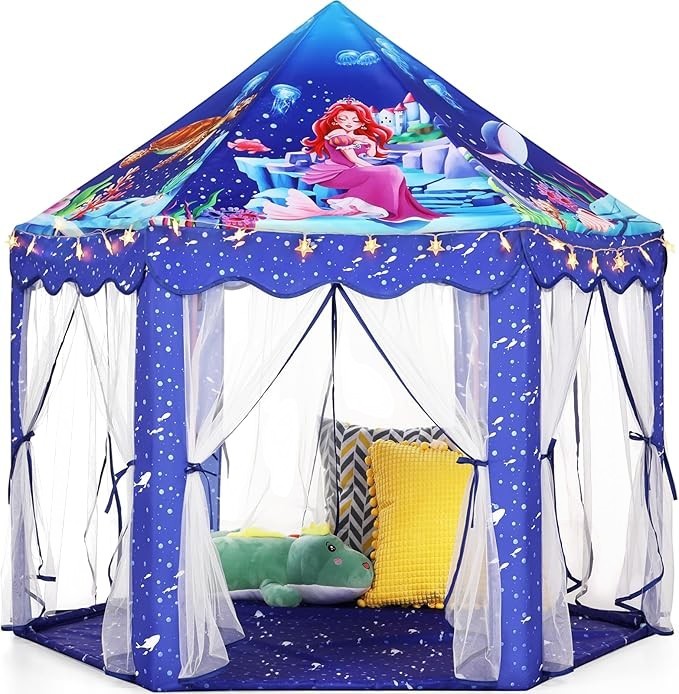 Sea Dragon Dreams blue mermaid princess castle play tent for kids with sheer curtains and decorative star lights.