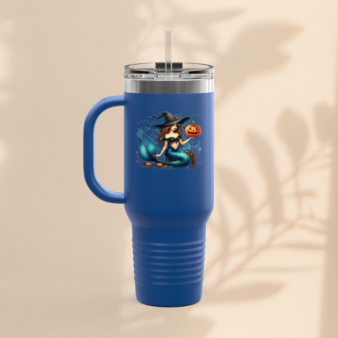 Sea Dragon Dreams 40oz blue stainless steel insulated travel tumbler featuring a mermaid witch and pumpkin design.