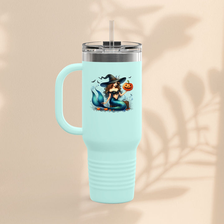 Sea Dragon Dreams 40oz light blue insulated tumbler featuring a witch mermaid and pumpkin Halloween graphic design.