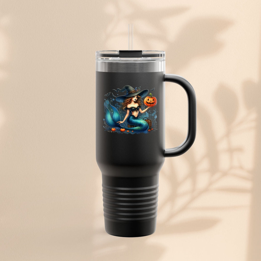 Sea Dragon Dreams 40oz black stainless steel travel mug featuring a mermaid witch and pumpkin Halloween design.