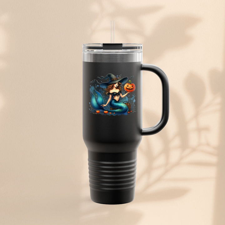 Sea Dragon Dreams 40oz black stainless steel travel mug featuring a mermaid witch and pumpkin Halloween design.