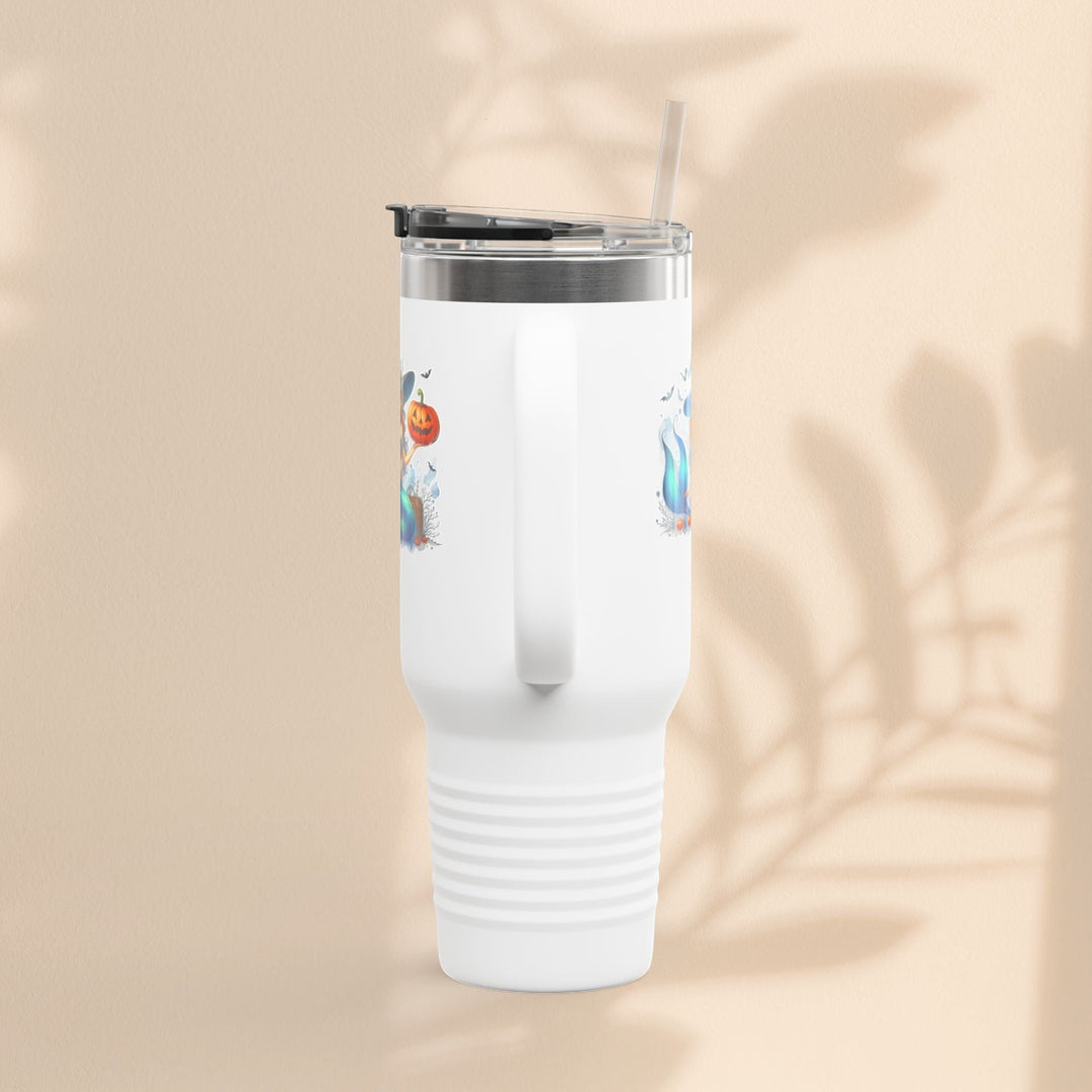 Sea Dragon Dreams 40oz stainless steel travel tumbler with mermaid and pumpkin Halloween design and straw