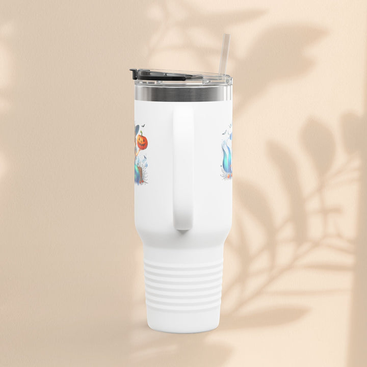 Sea Dragon Dreams 40oz stainless steel travel tumbler with mermaid and pumpkin Halloween design and straw