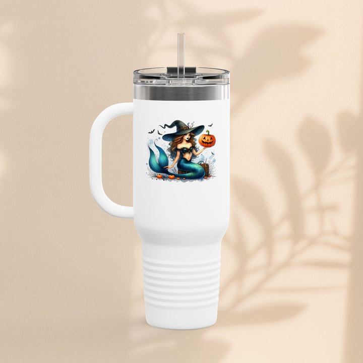 Sea Dragon Dreams 40oz white stainless steel insulated tumbler featuring a mermaid witch and pumpkin Halloween design.