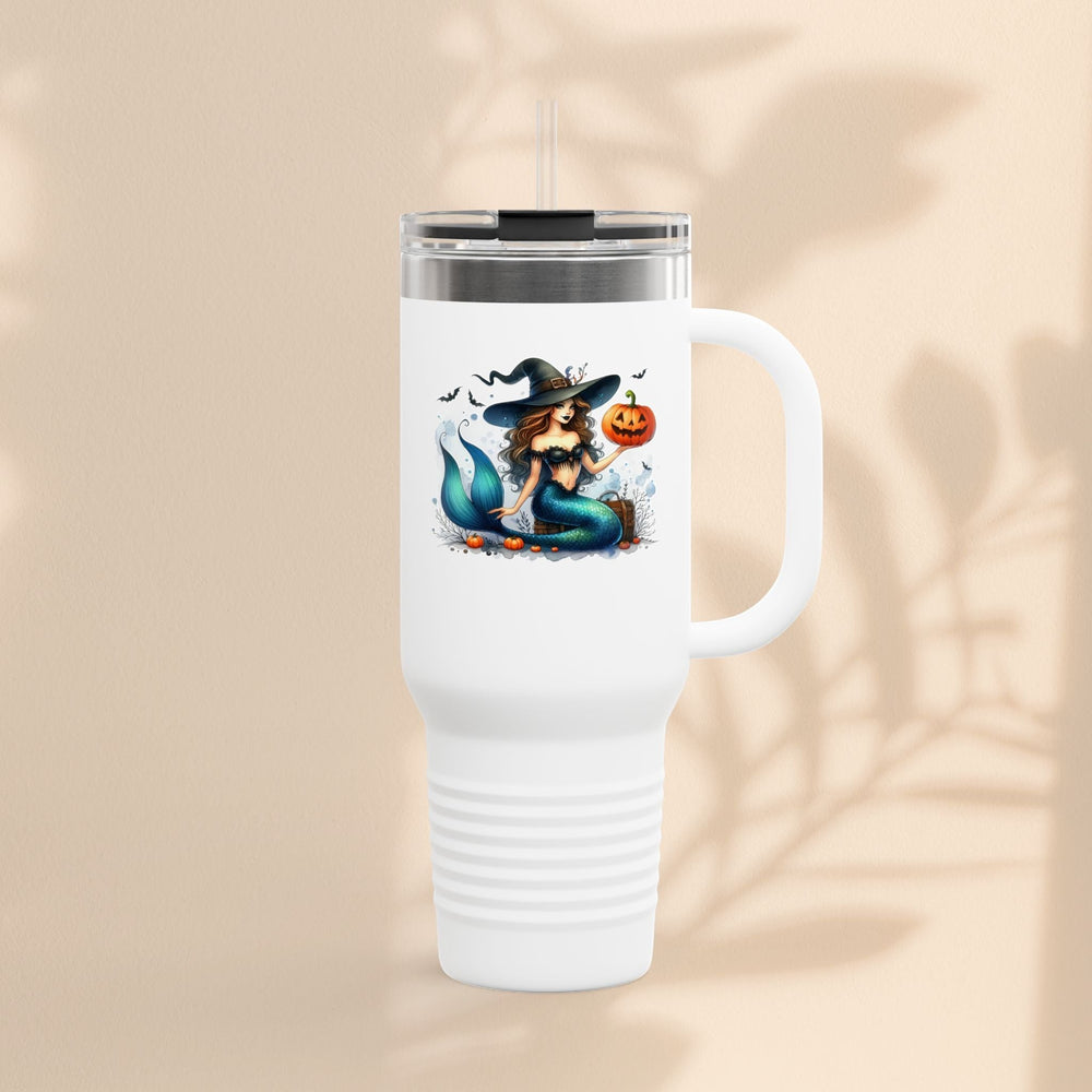 Sea Dragon Dreams 40oz white insulated travel mug featuring a mermaid witch holding a pumpkin for Halloween.