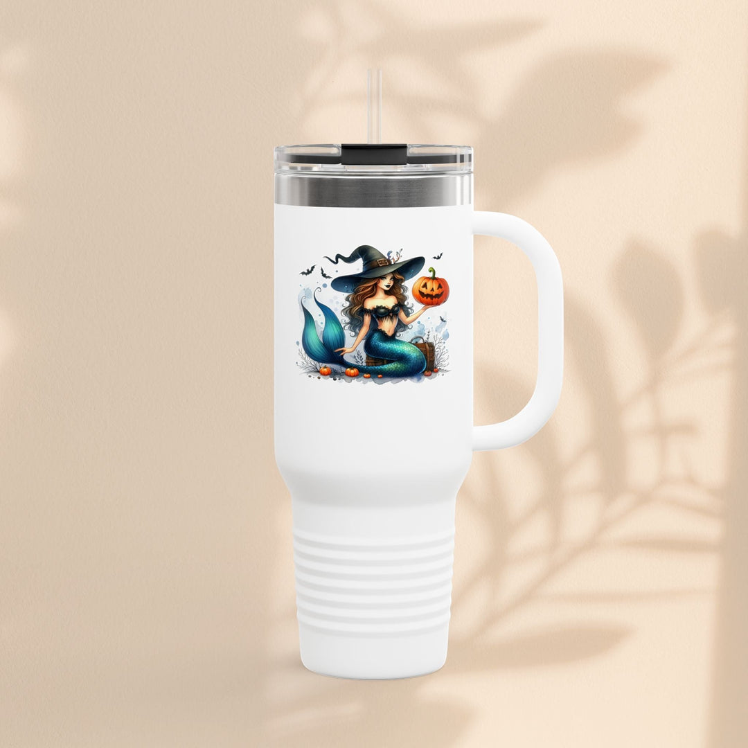 Sea Dragon Dreams 40oz white insulated travel mug featuring a mermaid witch holding a pumpkin for Halloween.