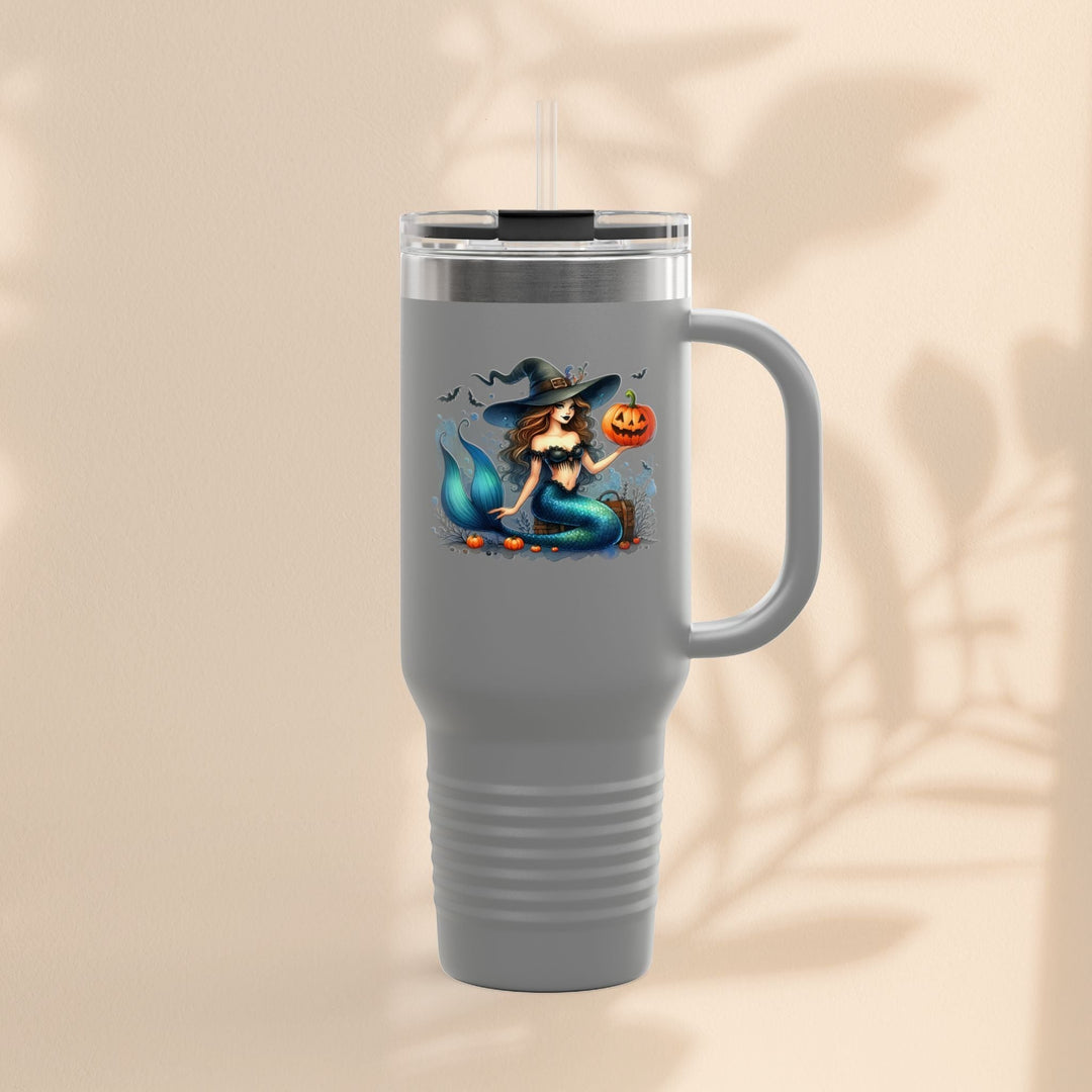 Sea Dragon Dreams 40oz grey stainless steel insulated tumbler featuring a mermaid in a witch hat holding a pumpkin.