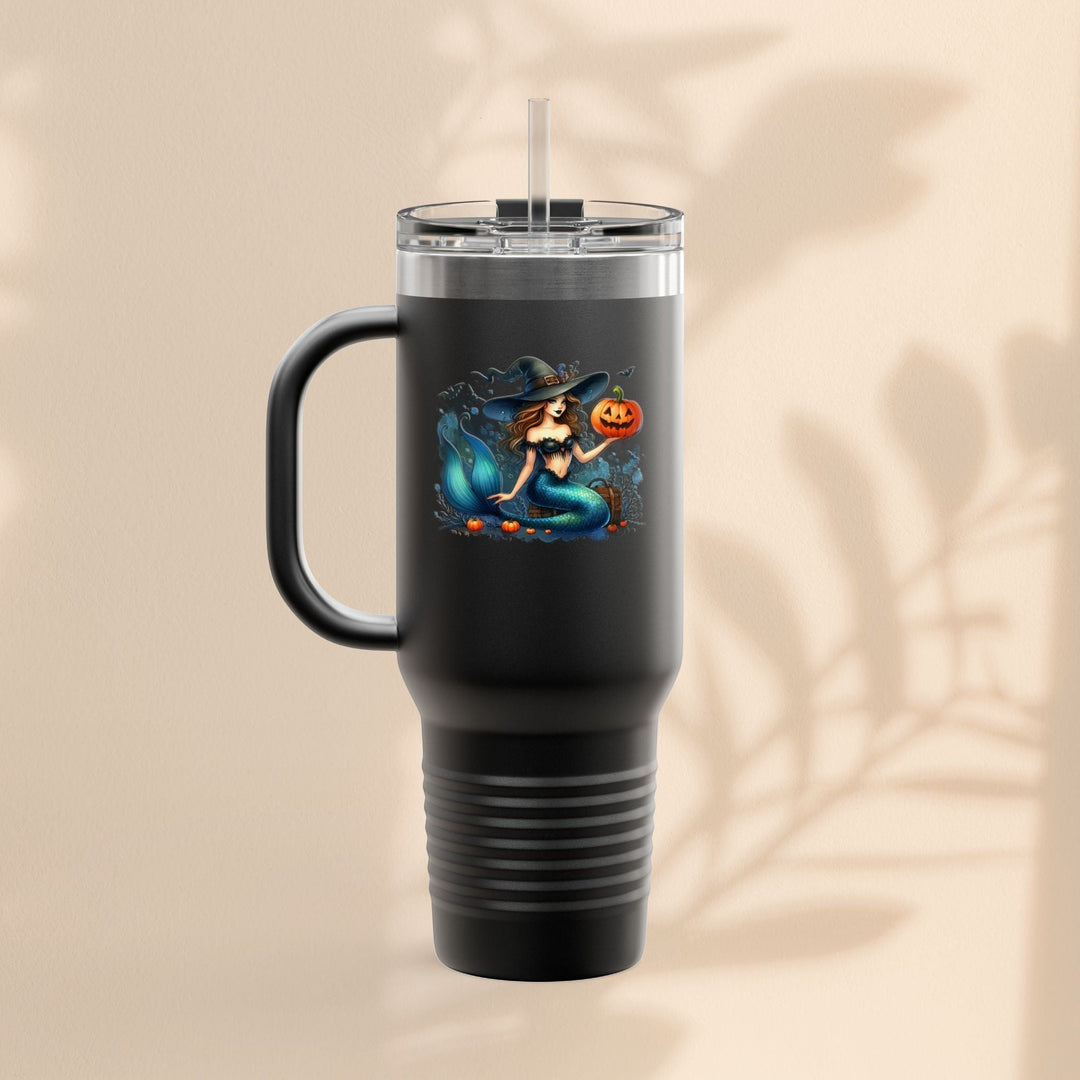 Sea Dragon Dreams 40oz black stainless steel insulated travel tumbler featuring a mermaid and pumpkin Halloween design.