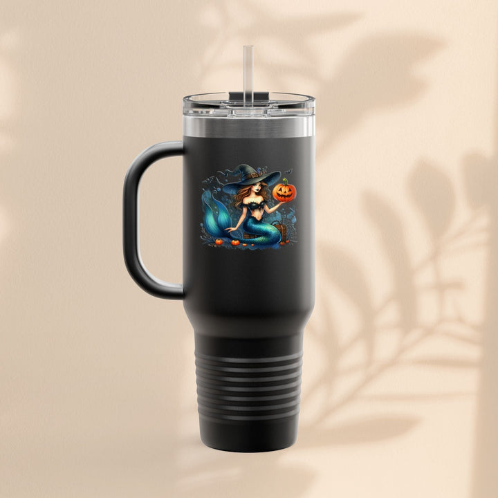 Sea Dragon Dreams 40oz black stainless steel insulated travel tumbler featuring a mermaid and pumpkin Halloween design.
