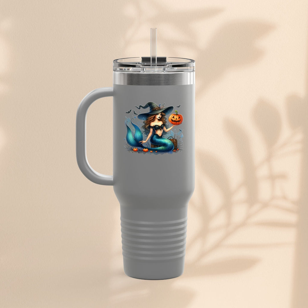 Sea Dragon Dreams 40oz stainless steel travel mug with a mermaid and pumpkin Halloween design and ergonomic handle.