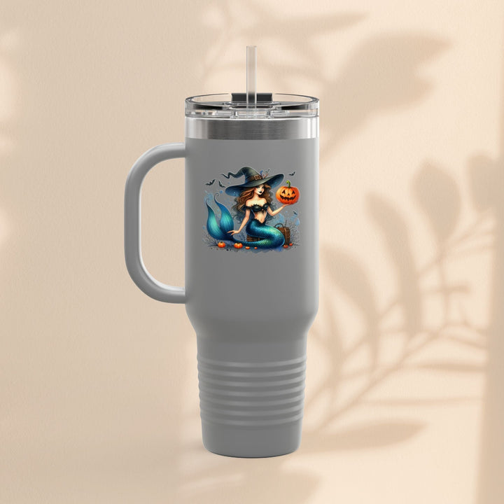 Sea Dragon Dreams 40oz stainless steel travel mug with a mermaid and pumpkin Halloween design and ergonomic handle.
