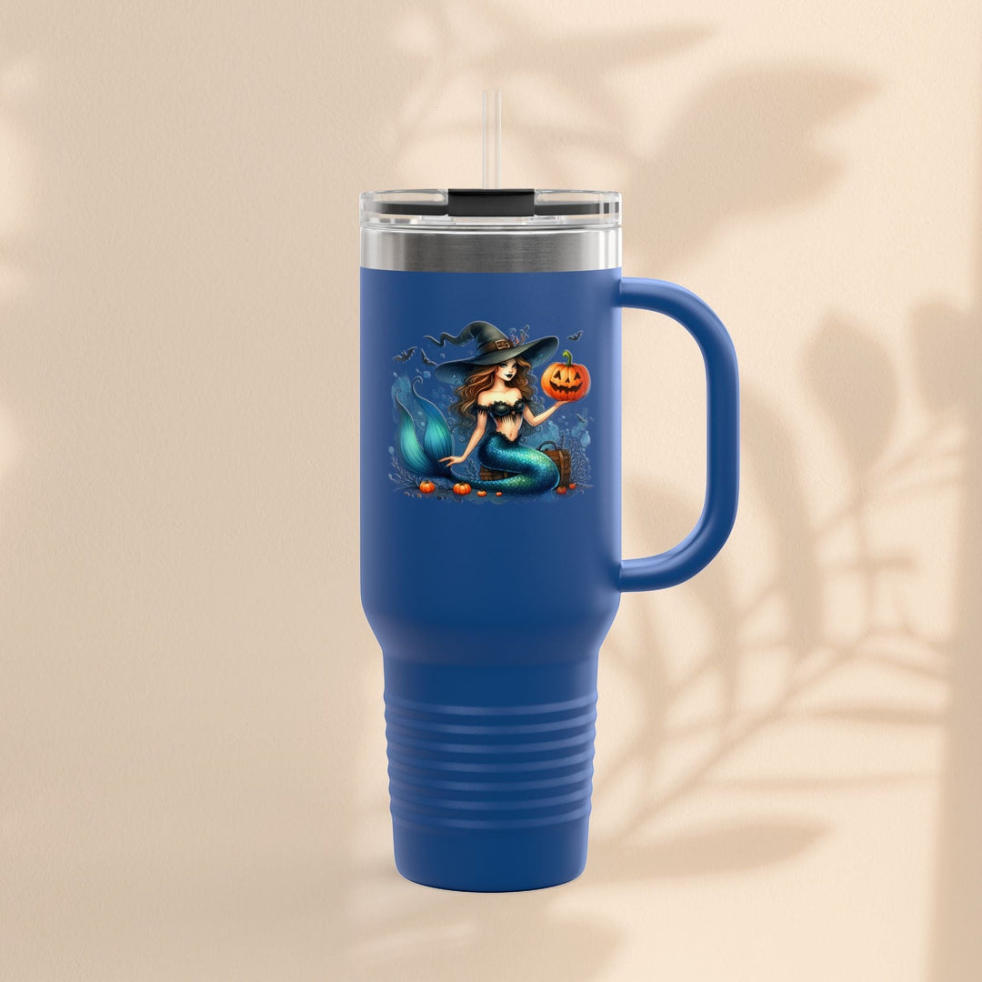 Sea Dragon Dreams 40oz blue stainless steel insulated tumbler featuring a mermaid witch holding a pumpkin.