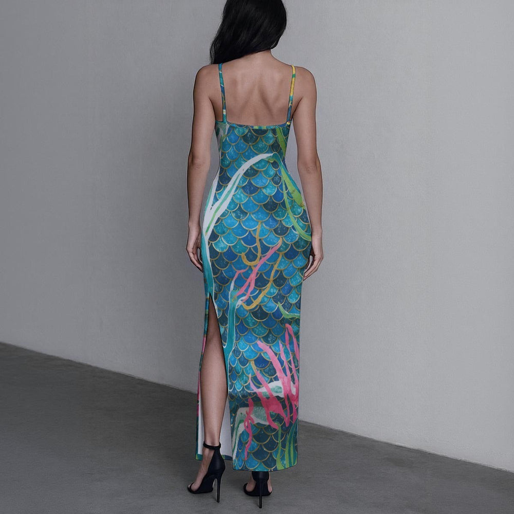 Sea Dragon Dreams mermaid scale print long party dress with side slit, worn by a woman from the back view.