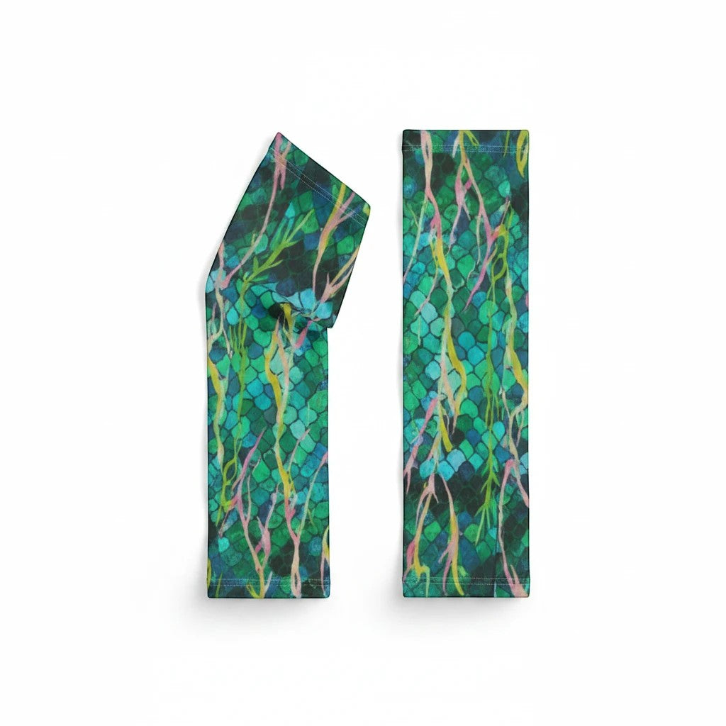 Sea Dragon Dreams unisex microfiber mermaid scale print long gloves with sun protection in green and blue tones.