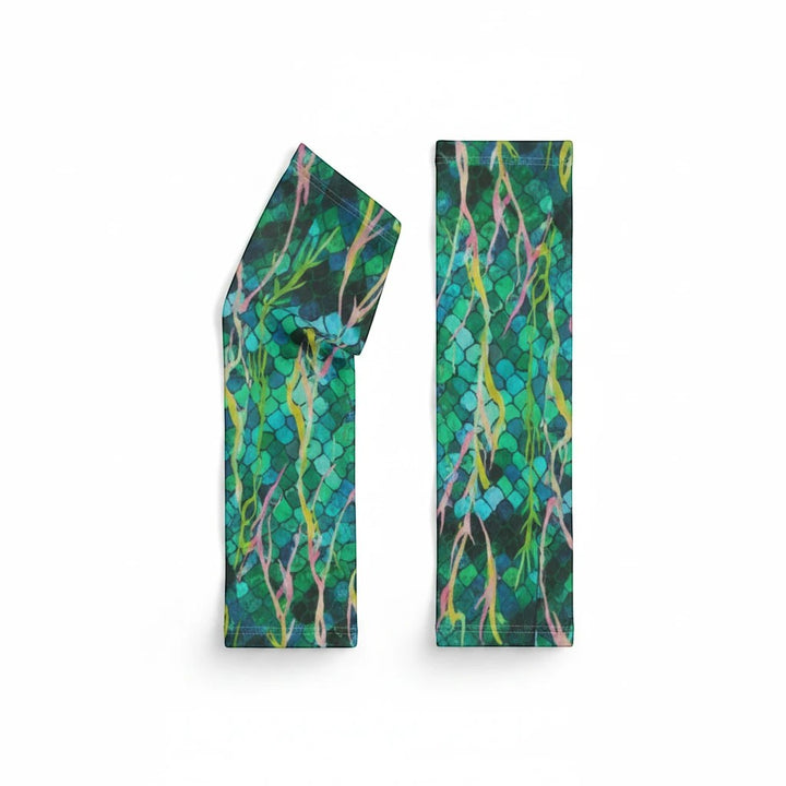 Sea Dragon Dreams unisex microfiber mermaid scale print long gloves with sun protection in green and blue tones.
