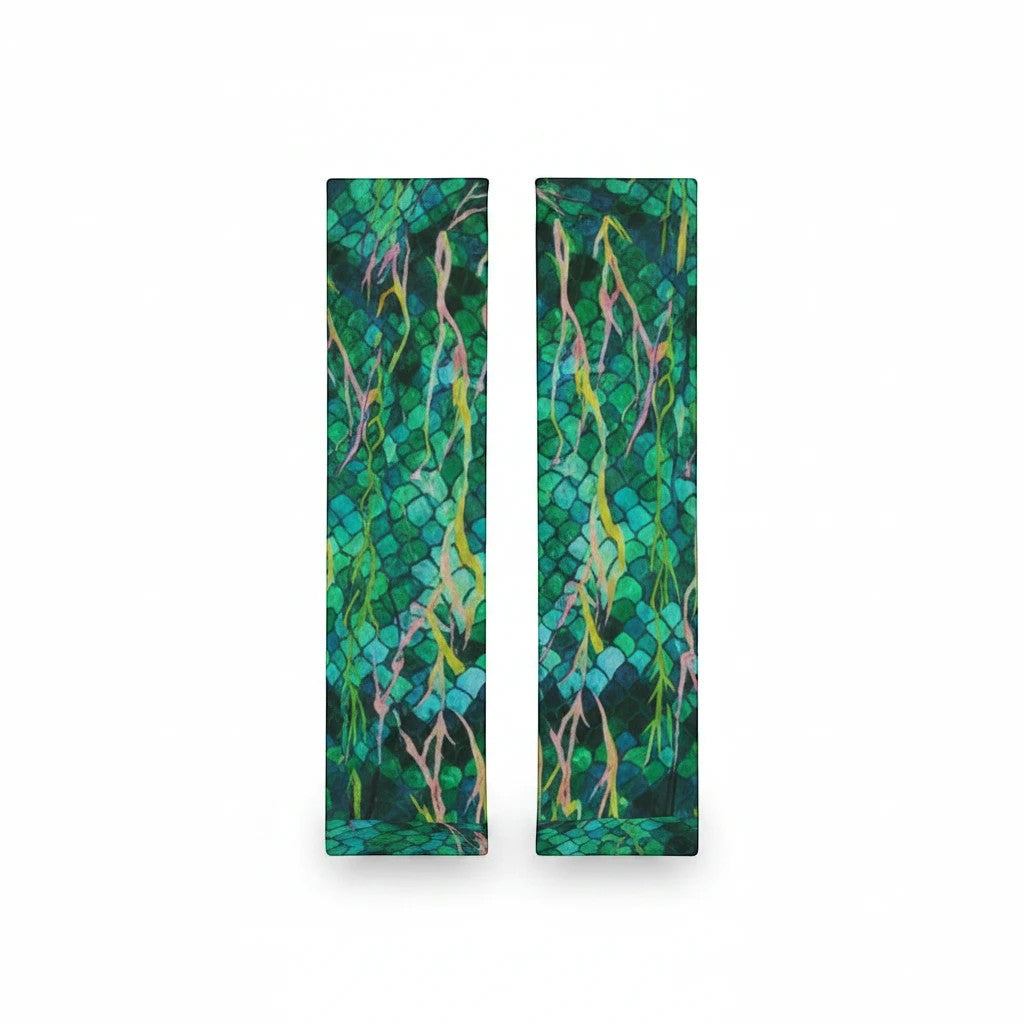 Sea Dragon Dreams unisex long microfiber gloves featuring a green mermaid scale pattern with abstract coral accents.