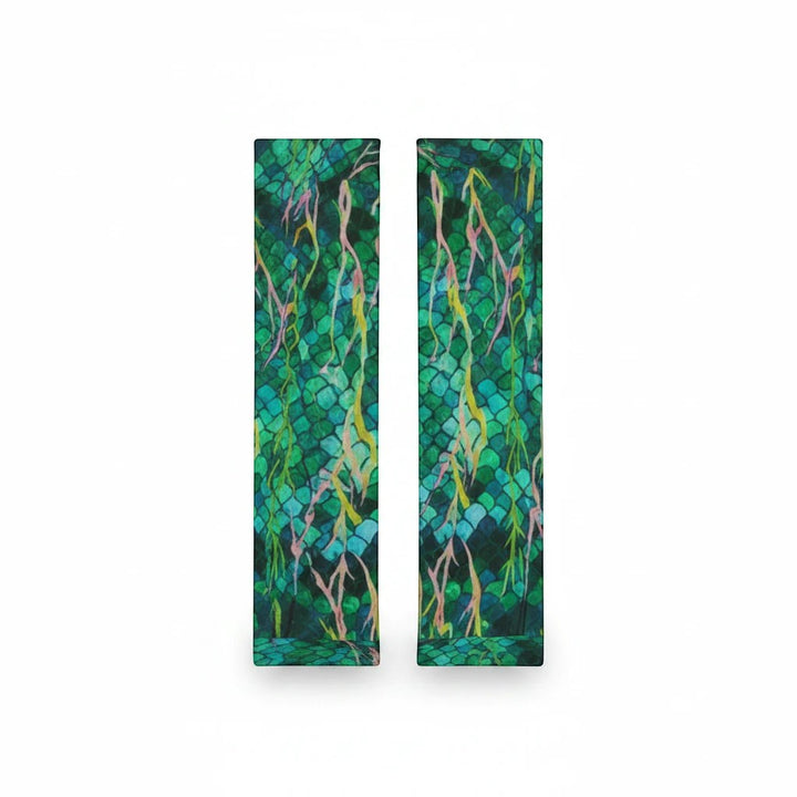Sea Dragon Dreams unisex long microfiber gloves featuring a green mermaid scale pattern with abstract coral accents.