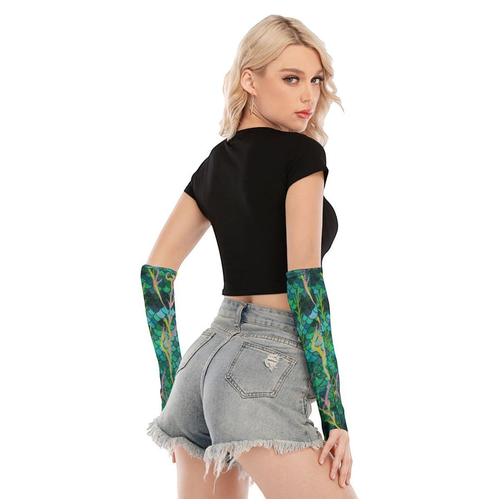 Sea Dragon Dreams unisex long microfiber gloves with a green and blue mermaid scale pattern worn by a blonde model