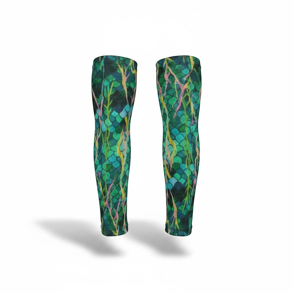 Sea Dragon Dreams unisex microfiber long gloves featuring a green and blue mermaid scale pattern with seaweed print.