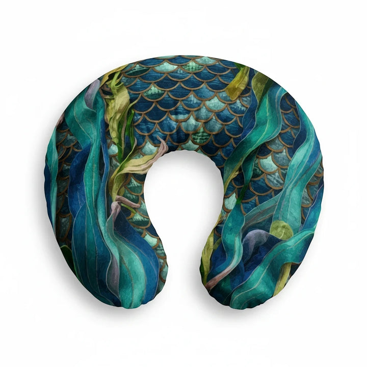 Sea Dragon Dreams nursing pillow cover featuring a teal mermaid scale pattern with flowing aquatic seaweed designs.