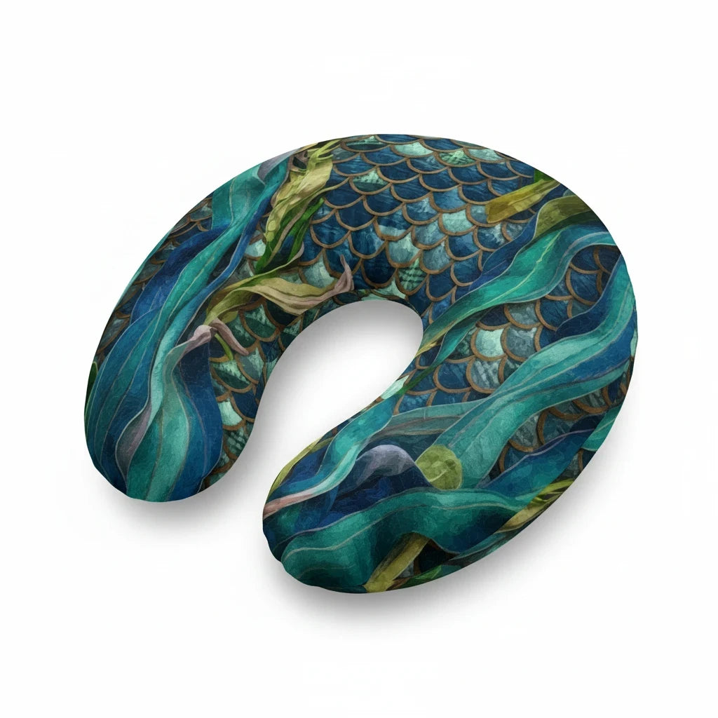 Sea Dragon Dreams nursing pillow cover featuring a teal mermaid scale pattern with flowing aquatic seaweed accents.