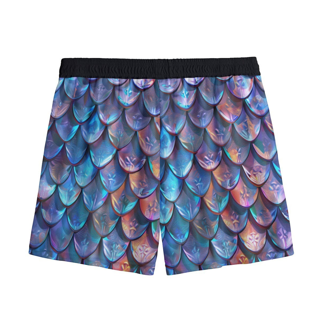 Sea Dragon Dreams men's shorts featuring an iridescent blue and purple mermaid scale pattern with a black waistband.