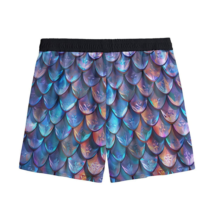 Sea Dragon Dreams men's shorts featuring an iridescent blue and purple mermaid scale pattern with a black waistband.
