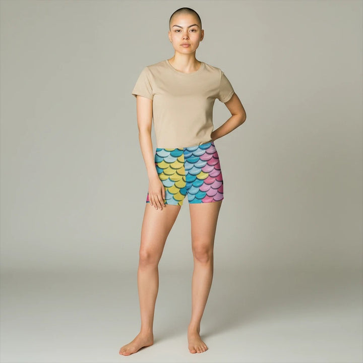Sea Dragon Dreams women's skinny fit shorts featuring a vibrant multi-colored mermaid scale pattern